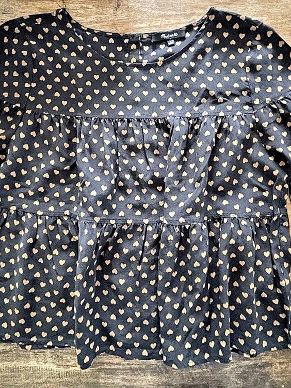Madewell Silk Tiered Button-Back Top in Heart Flip Heart Print Blouse